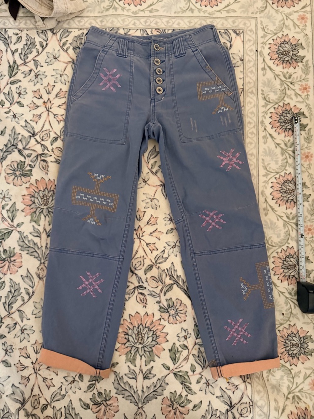 Pilcro Blue Embroidered Button-Fly Jeans Shorts with Pink & Tan Accents